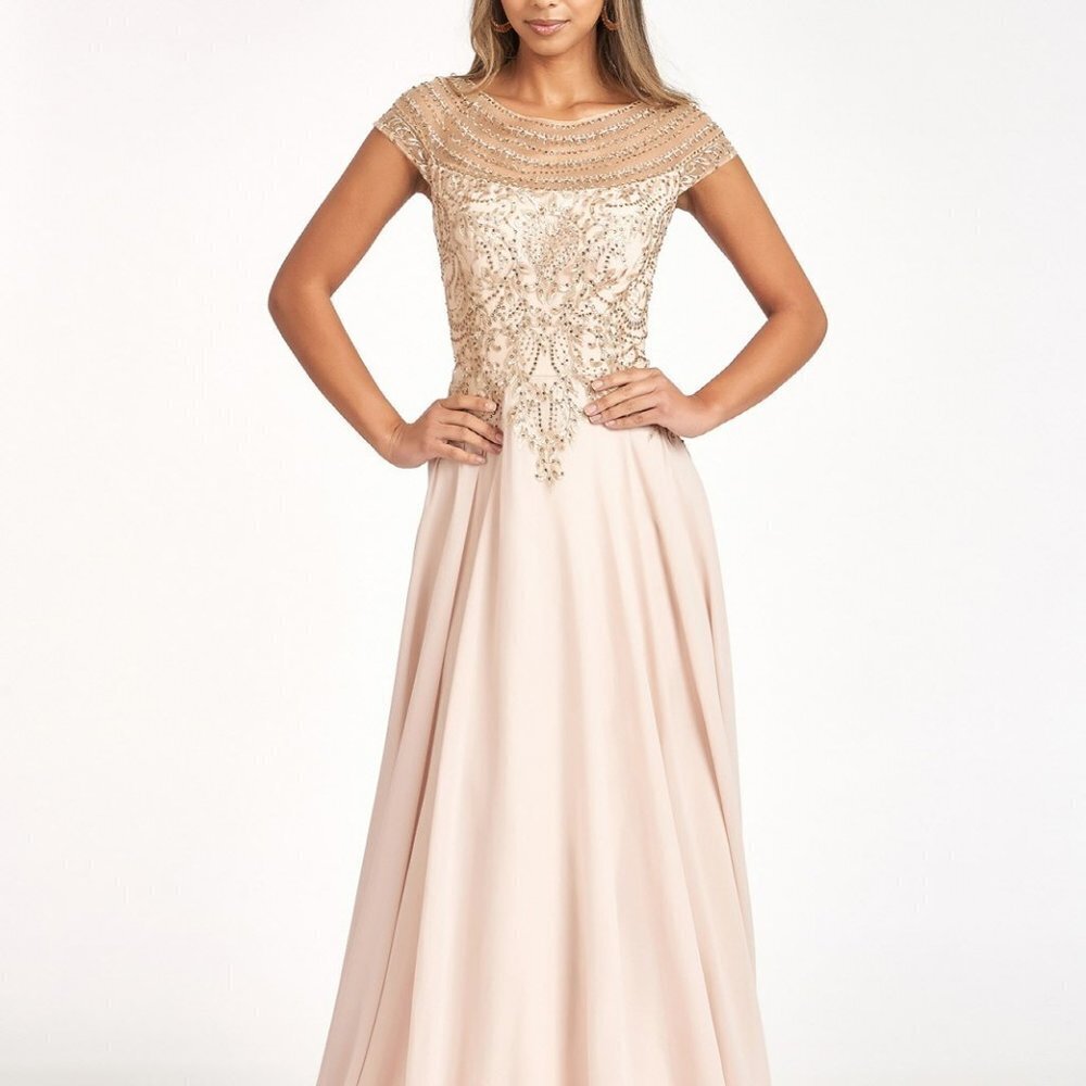 Beads Embellished Chiffon A-line Dress w/ Cap Sleeves GL3065